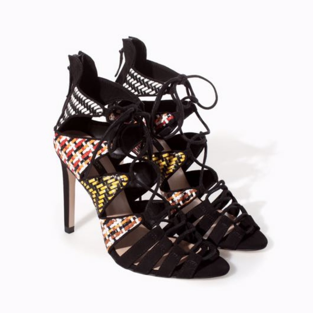 Zara Lace Up Wicker/Suede Multicolored Heels, 7